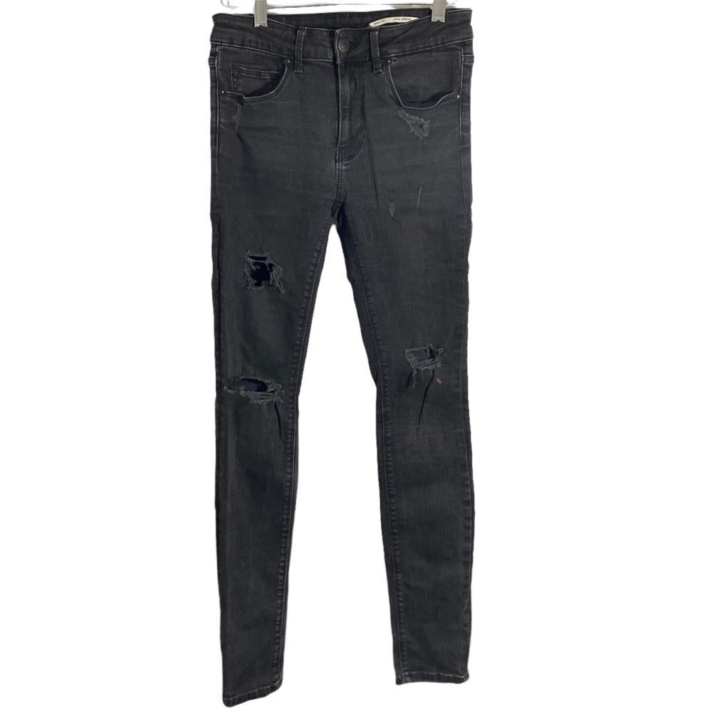 Zara Womens Sz 4 Medium Rise Slim Fit Jeans Faded Black Distressed Skinny
